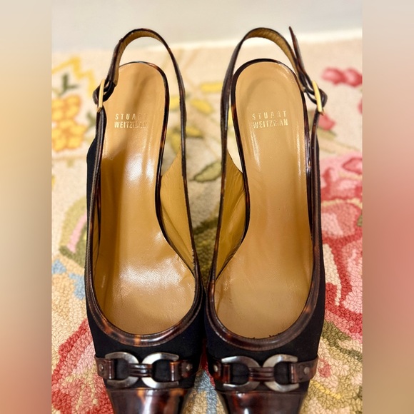 STUART WEITZMAN Vintage Black & Tortoise Patent Pointed Toe Slingback Heels - 11 - Picture 9 of 16
